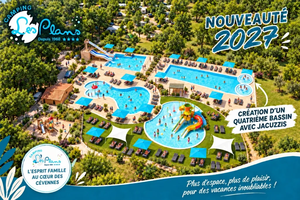 Illustration du futur espace aquatique du camping Les Plans avec le nouveau bassin et ses deux jacuzzis
